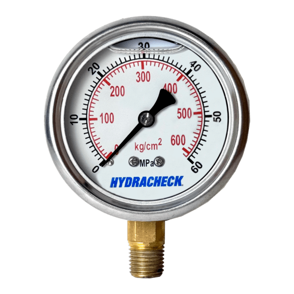 Pressure gauge that reads 0 to 60 MPa with a 1/4" NPT lower mount connection.