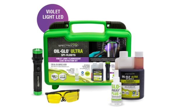 Violet light fluorescent leak detection kit with concentrated oil dye